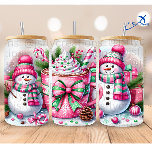 16oz Pink Snowmen Glass Cup